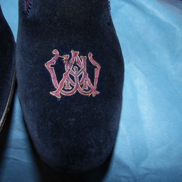 Mens Shipton & Heneage Blue Velvet Loafers Gold Embroidered Slipper Shoes Sz 13